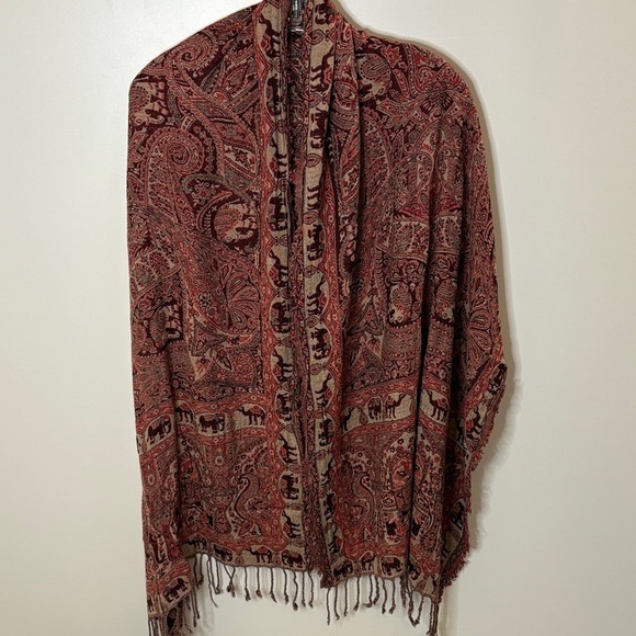 Accessories - Paisley Camel & Elephant Print Silk & Wool Shawl